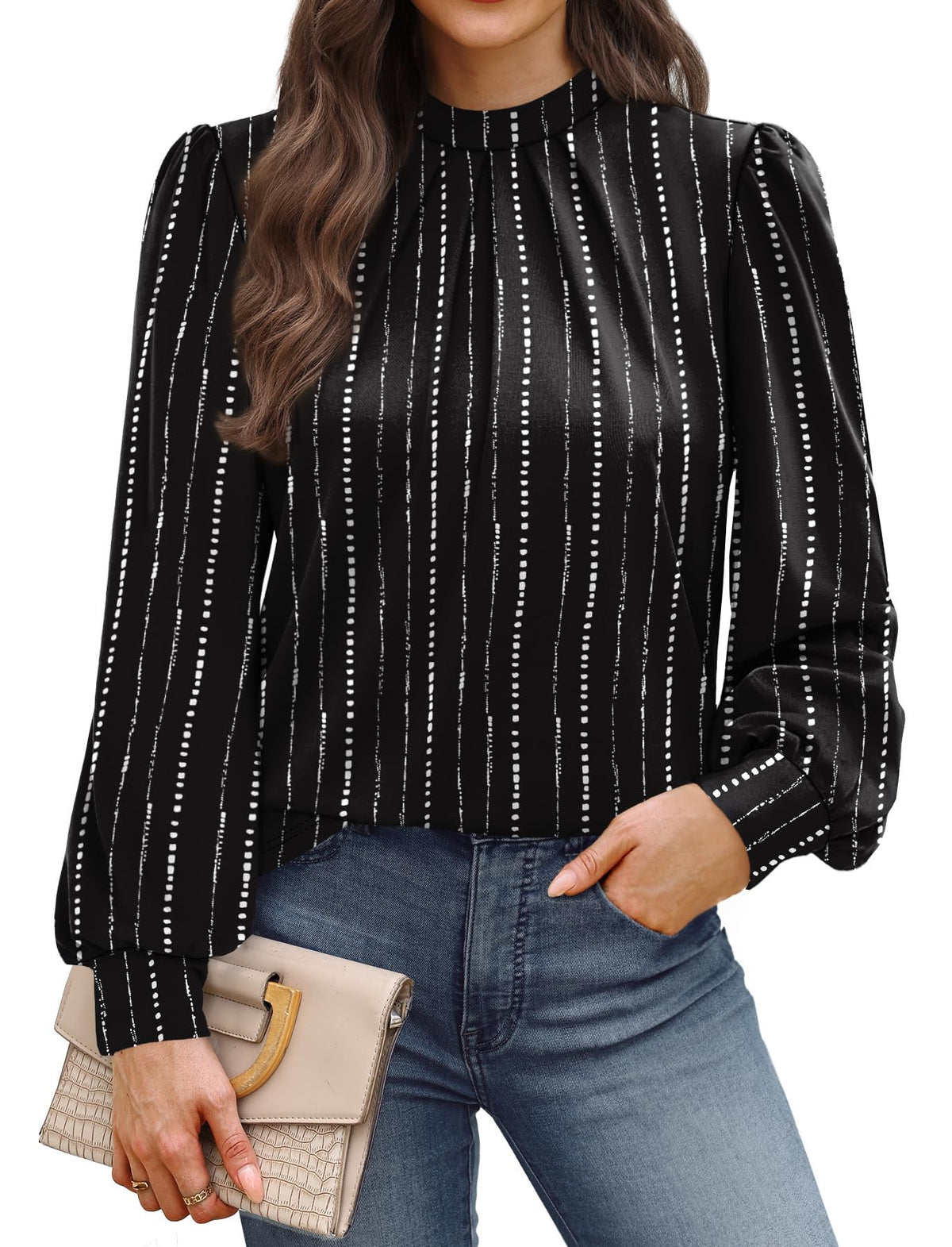 WIHOLL Women’s Mock Neck Pleated Long Sleeve Blouse