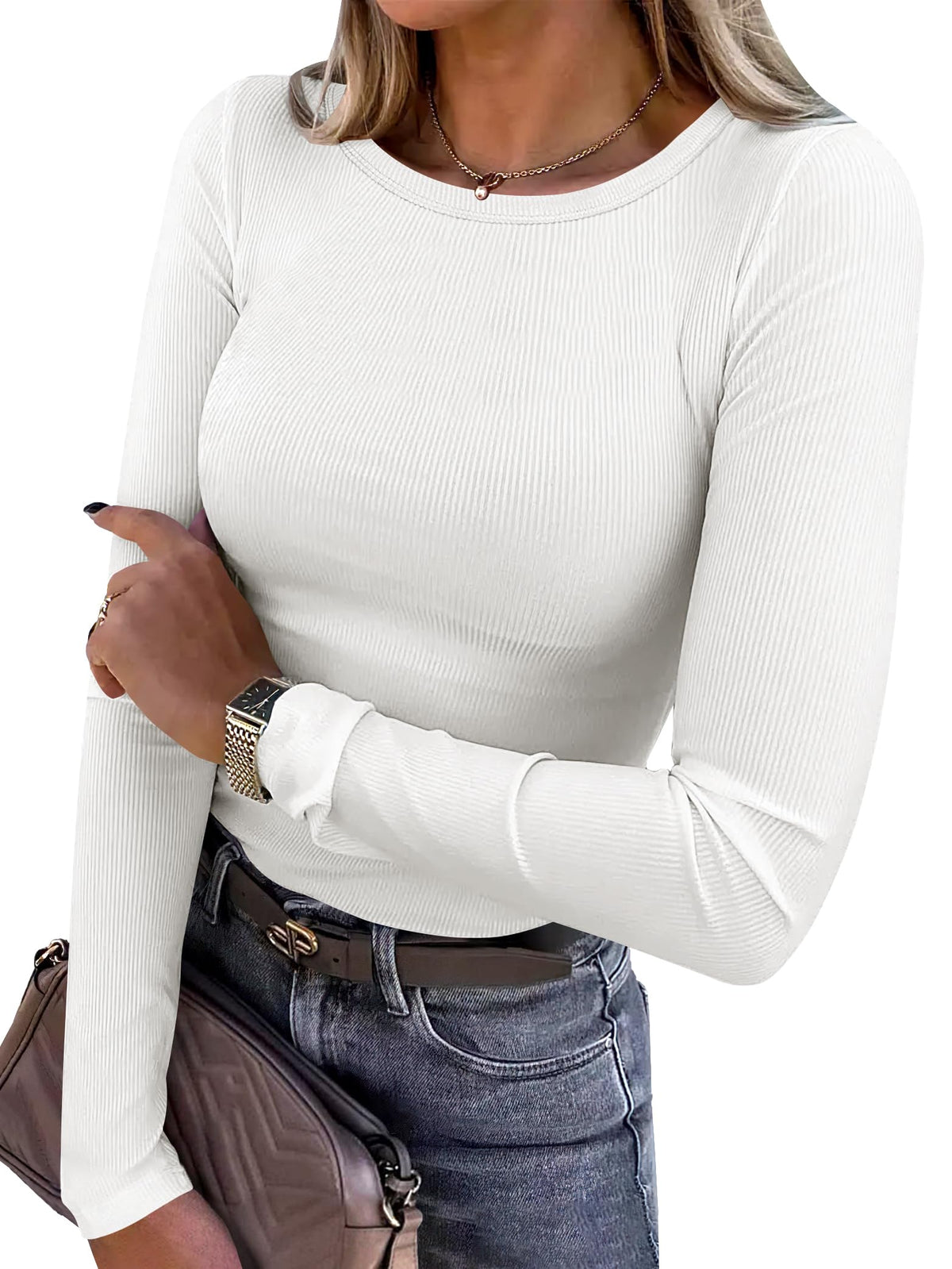 ANRABESS Women’s Ribbed Long Sleeve Crewneck Top
