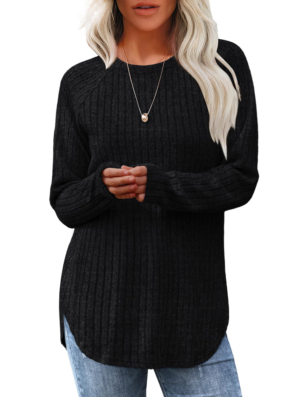 Saloogoe Women’s Long Sleeve Curved-Hem Tunic