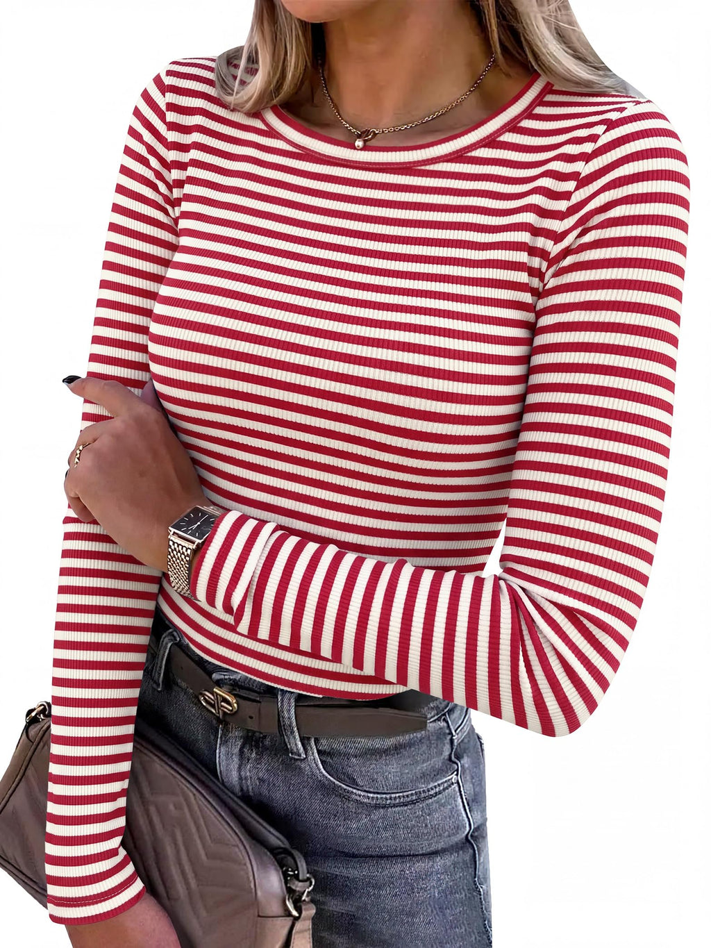 ANRABESS Women’s Ribbed Long Sleeve Crewneck Top