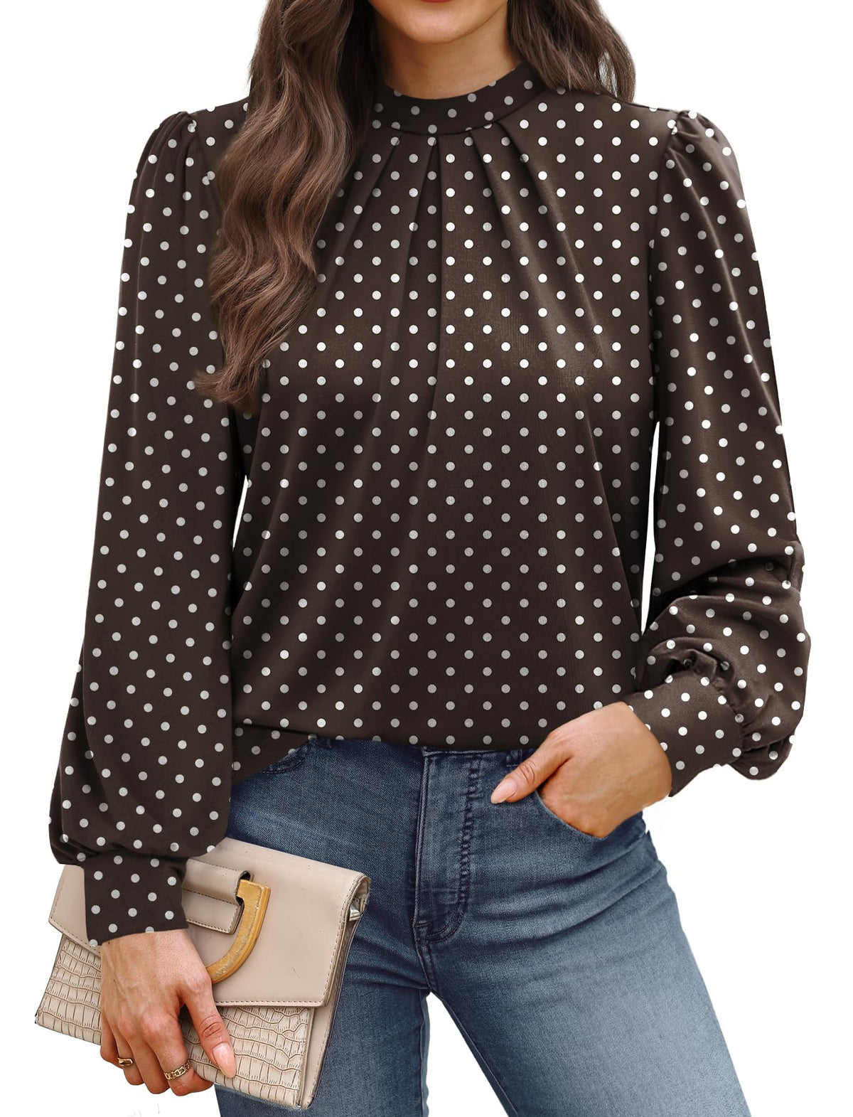 WIHOLL Women’s Mock Neck Pleated Long Sleeve Blouse