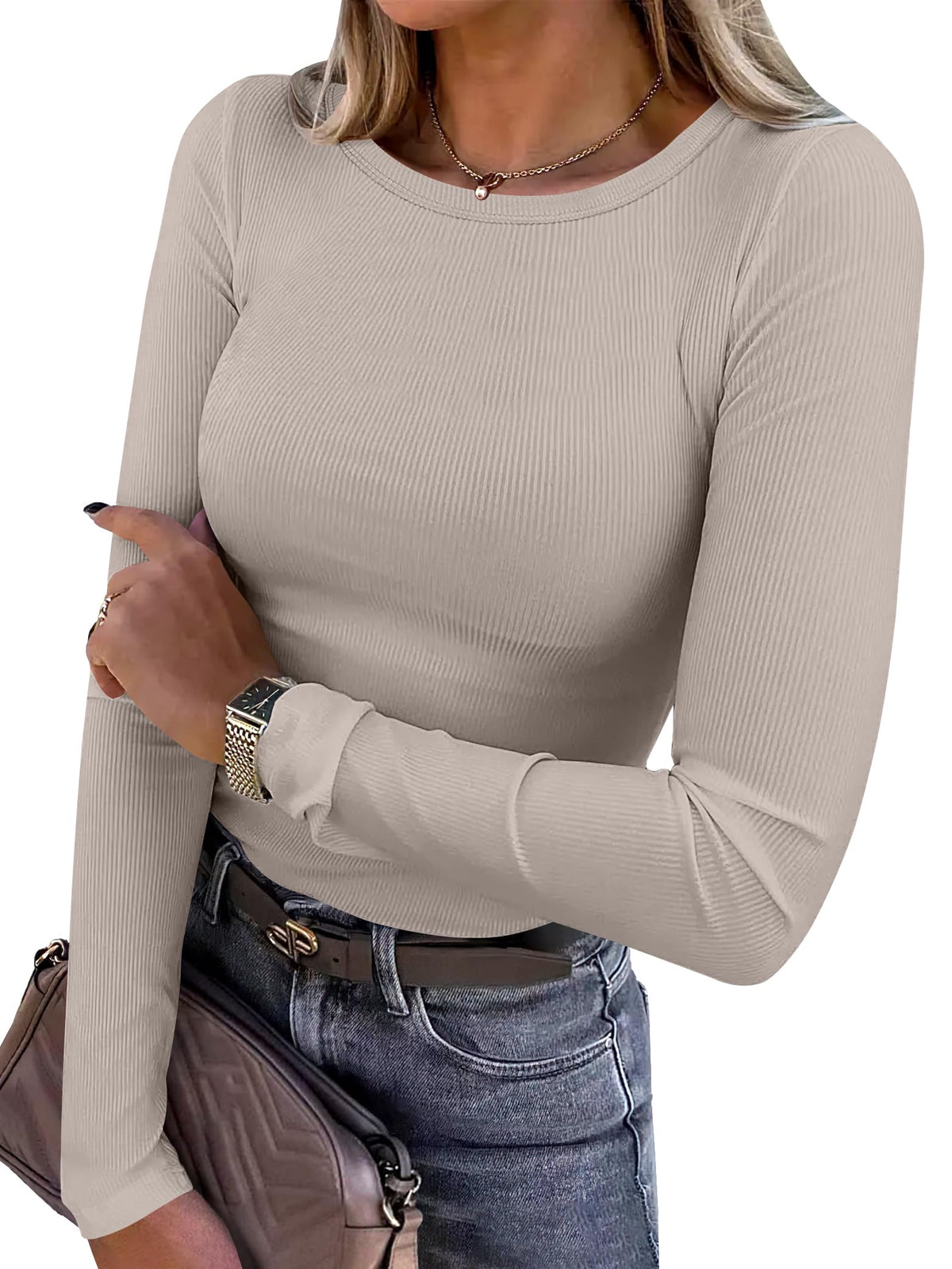 ANRABESS Women’s Ribbed Long Sleeve Crewneck Top