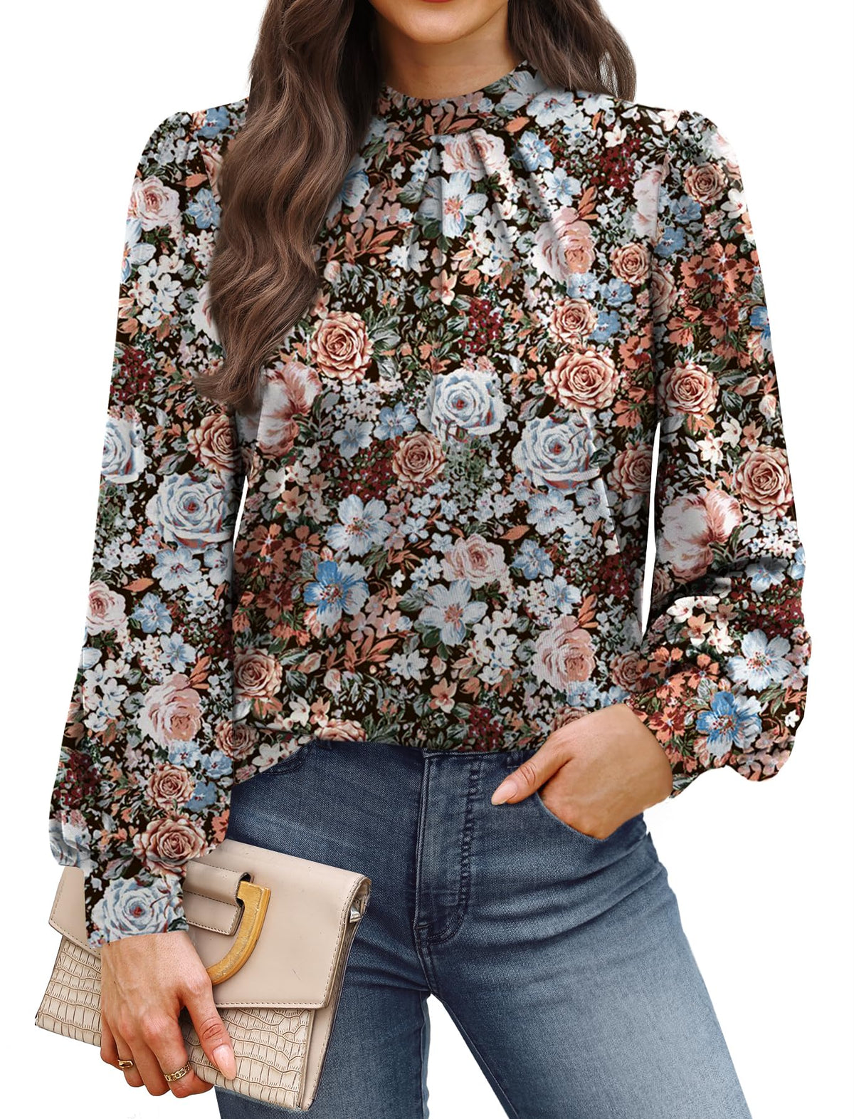 WIHOLL Women’s Mock Neck Pleated Long Sleeve Blouse