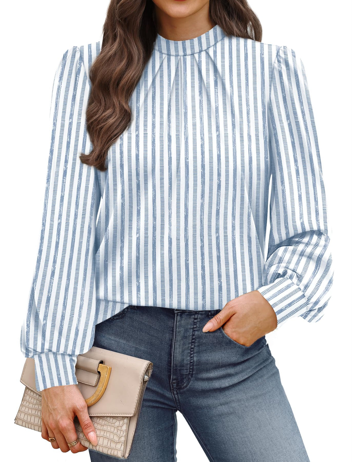 WIHOLL Women’s Mock Neck Pleated Long Sleeve Blouse
