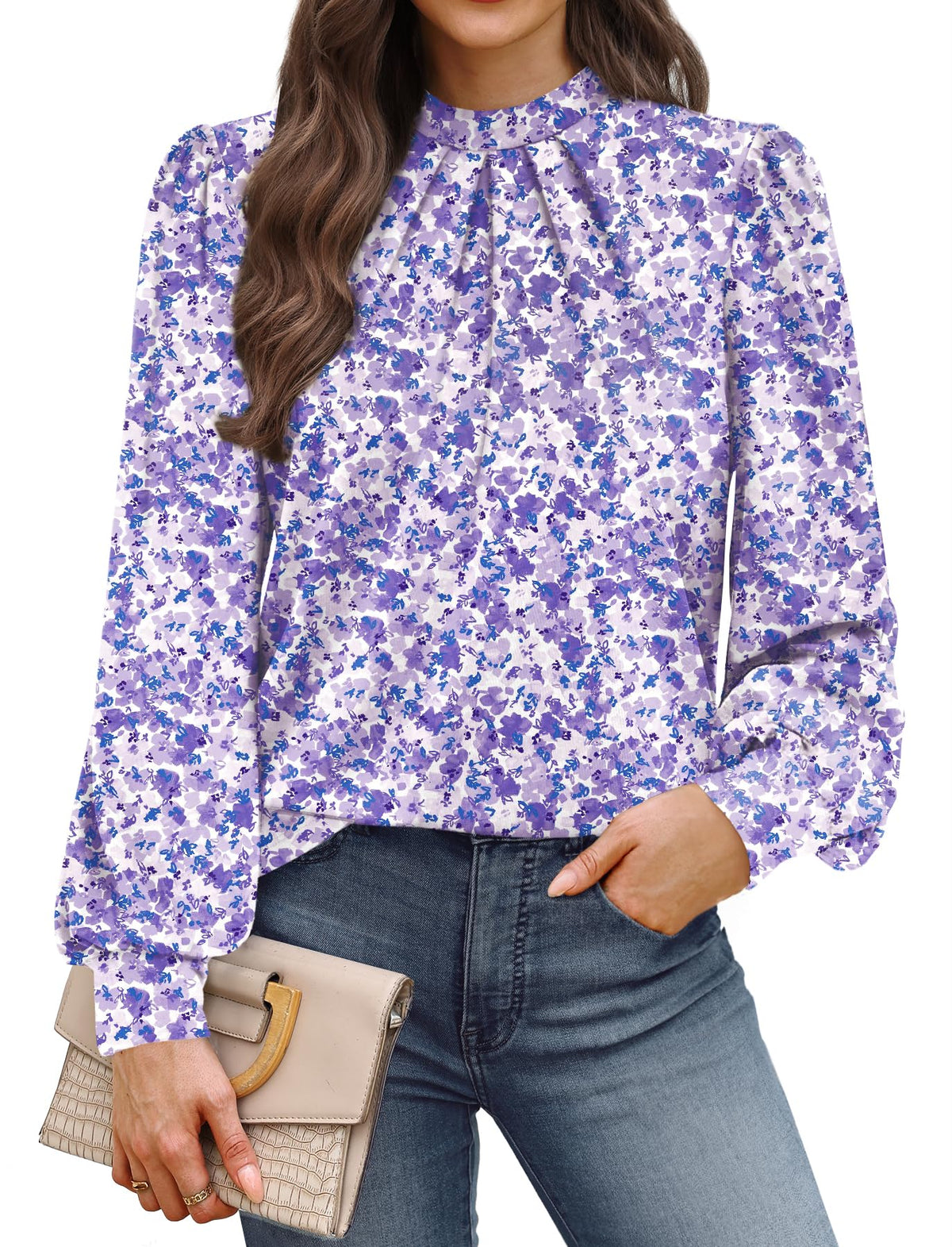 WIHOLL Women’s Mock Neck Pleated Long Sleeve Blouse