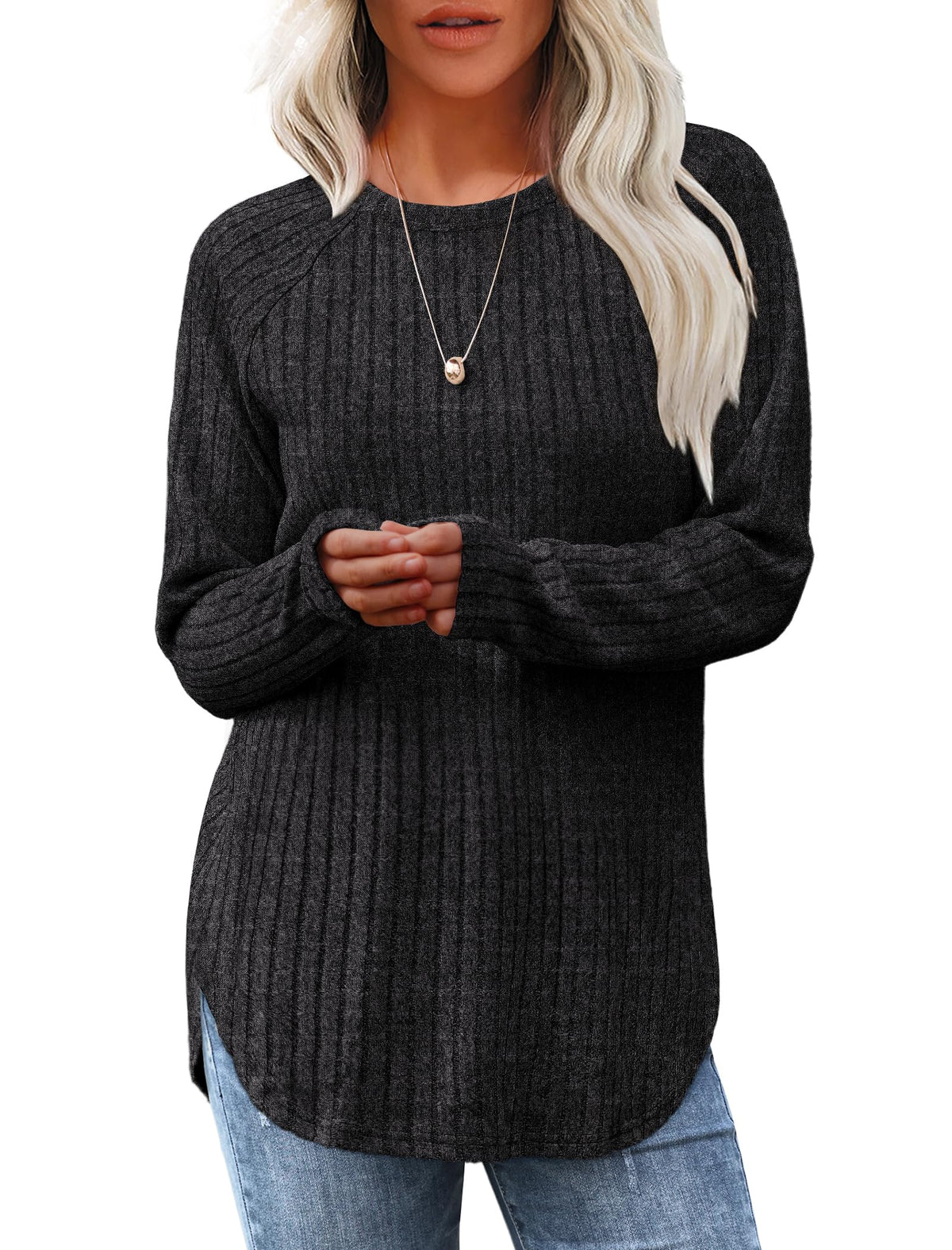Saloogoe Women’s Long Sleeve Curved-Hem Tunic