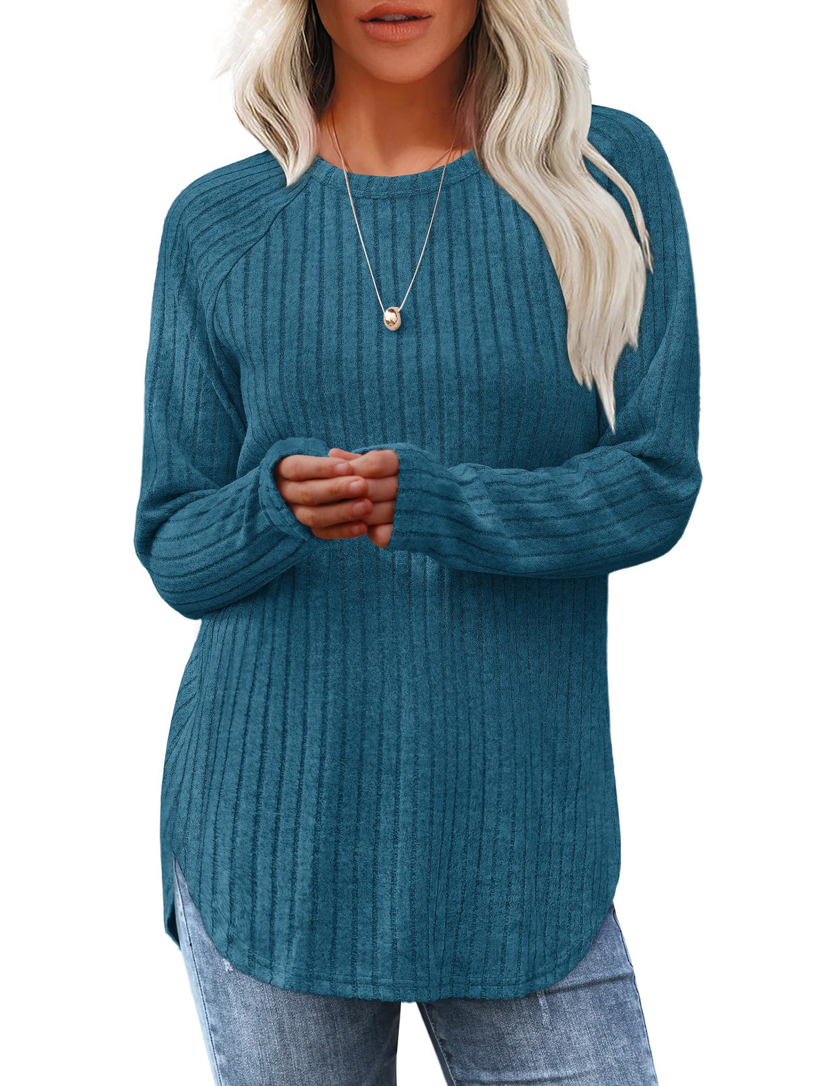 Saloogoe Women’s Long Sleeve Curved-Hem Tunic