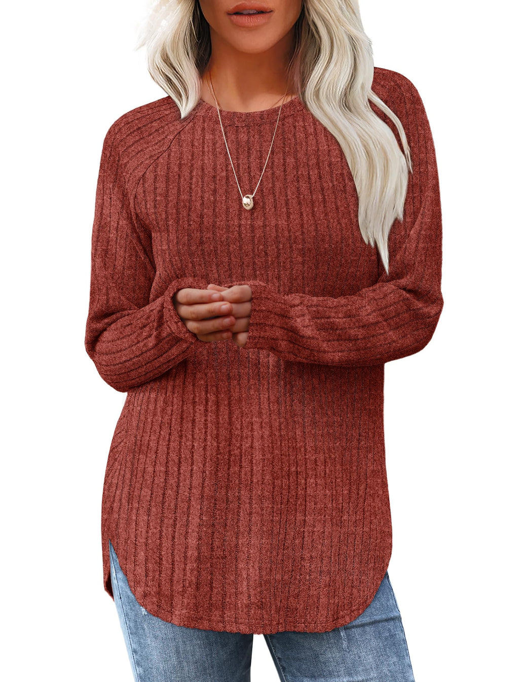 Saloogoe Women’s Long Sleeve Curved-Hem Tunic