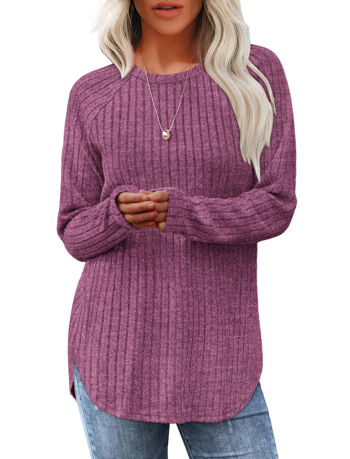 Saloogoe Women’s Long Sleeve Curved-Hem Tunic
