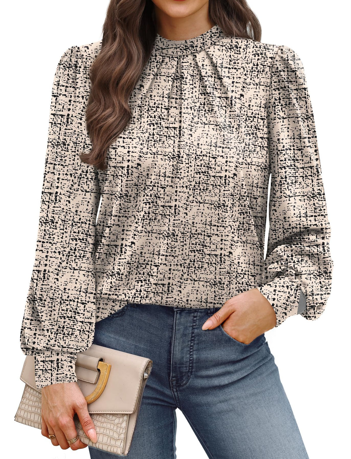 WIHOLL Women’s Mock Neck Pleated Long Sleeve Blouse