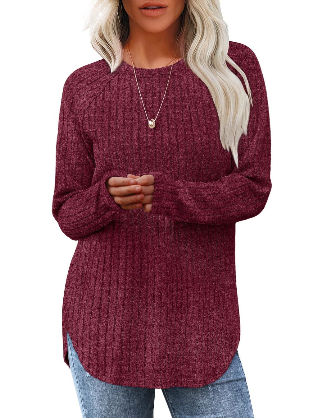Saloogoe Women’s Long Sleeve Curved-Hem Tunic